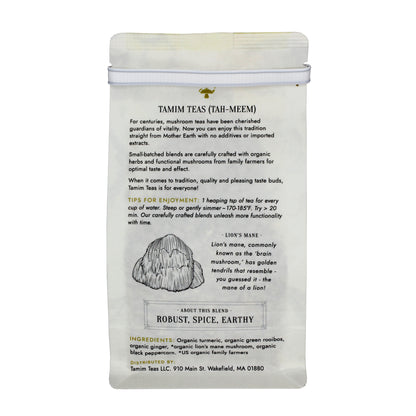 Lion's Spice - Tamim Teas - w Lion's Mane & Turmeric - retail pouch - back About This Blend: Robust, Spicy, Earthy