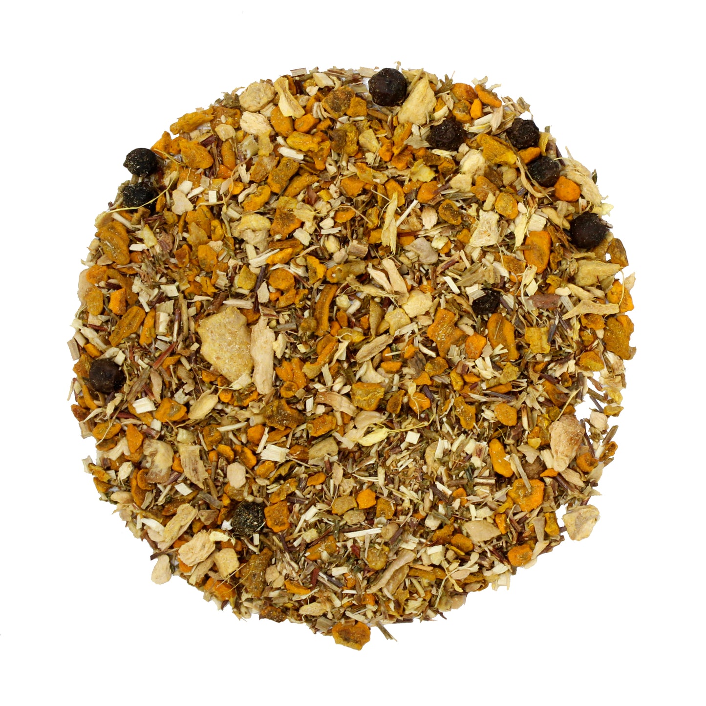 Loose pile of Lion's Spice - Tamim Teas - w Lion's Mane & Turmeric - product on a white background. Ingredients:Organic turmeric, organic green rooibos, organic ginger, *organic lion's mane mushroom, organic black peppercorn.