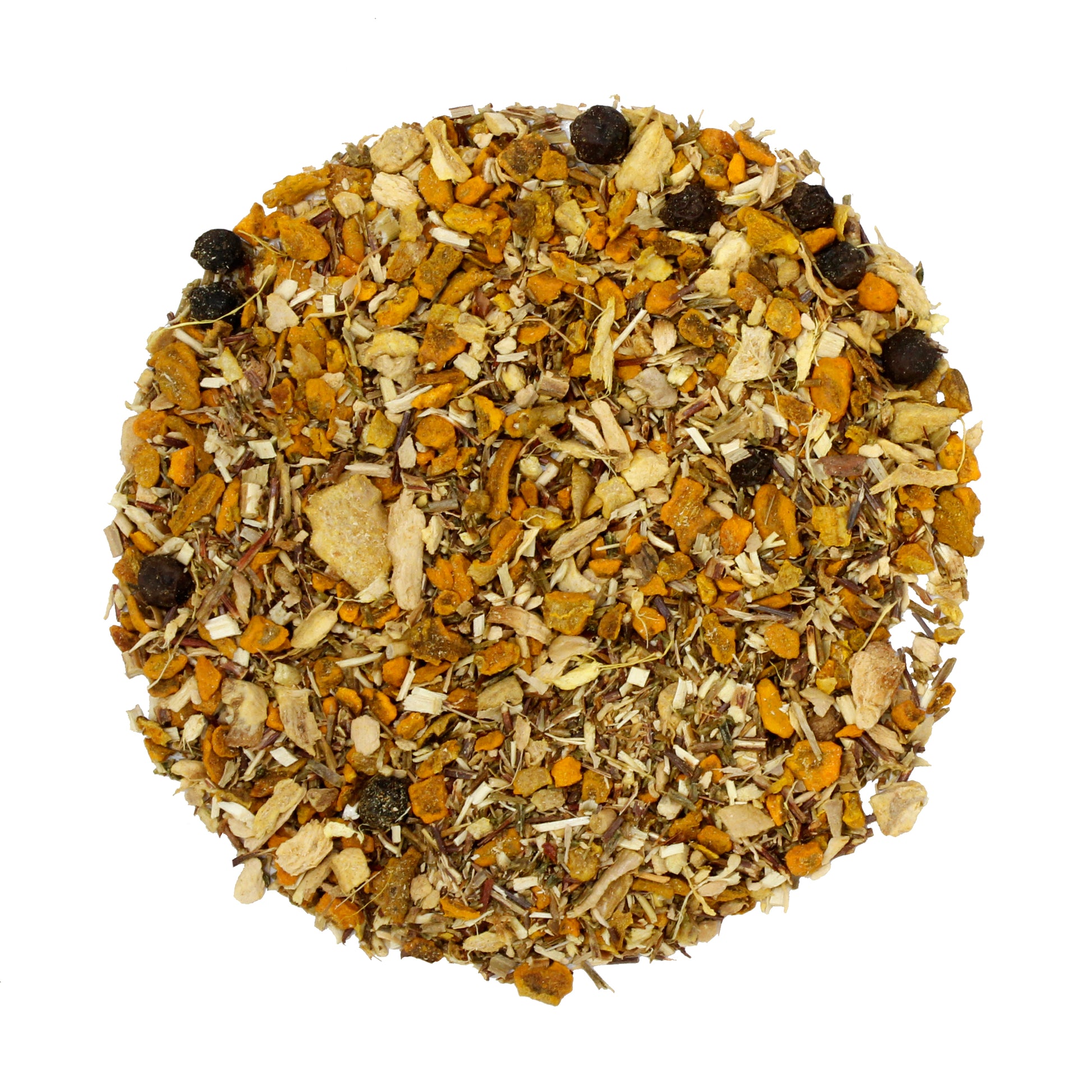 Loose pile of Lion's Spice - Tamim Teas - w Lion's Mane & Turmeric - product on a white background. Ingredients:Organic turmeric, organic green rooibos, organic ginger, *organic lion's mane mushroom, organic black peppercorn.